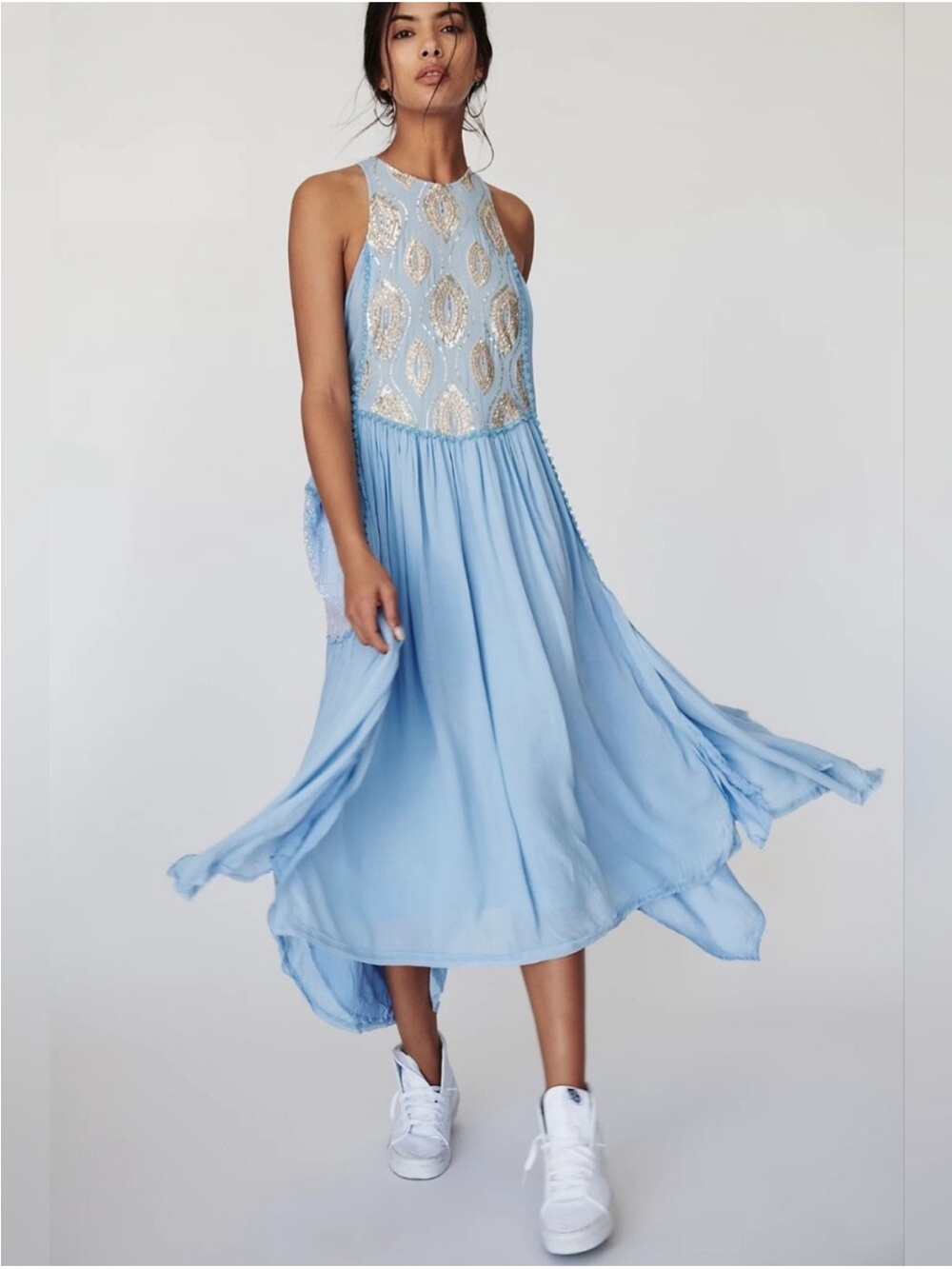 Free People Light Blue Embellished Corset Back Midi Dress
